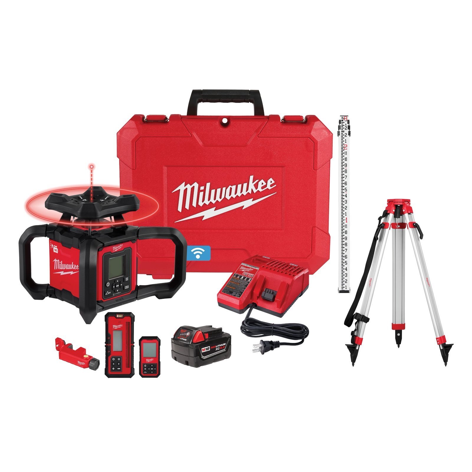 M18 RED EXTERIOR DUAL SLOPE ROTARY LASER LEVEL KIT W/ RECEIVER, REMOTE, GRADE ROD & TRIPOD - MILWAUKEE
