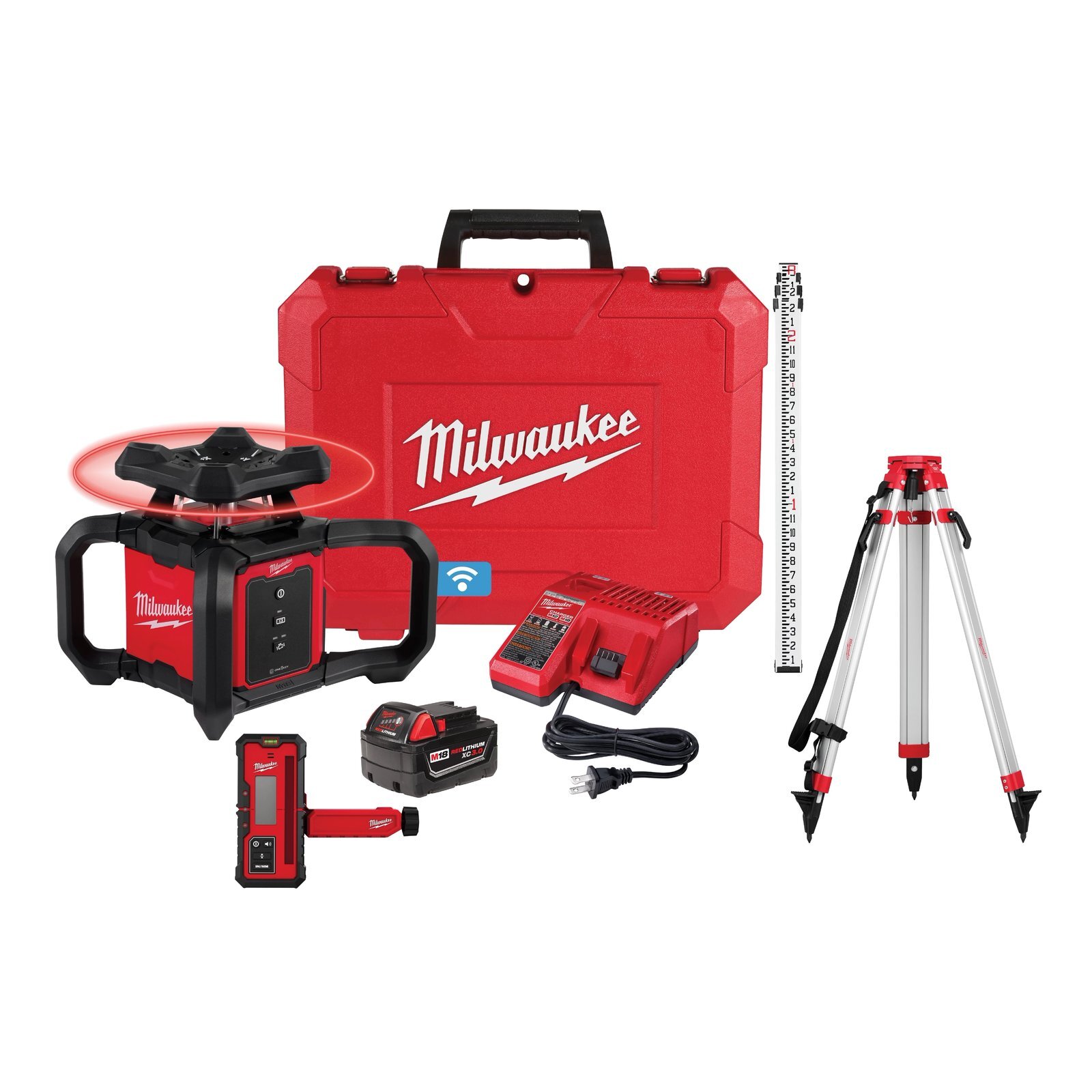 M18™ RED EXTERIOR ROTARY LASER LEVEL KIT W/ RECEIVER, TRIPOD, & GRADE ROD