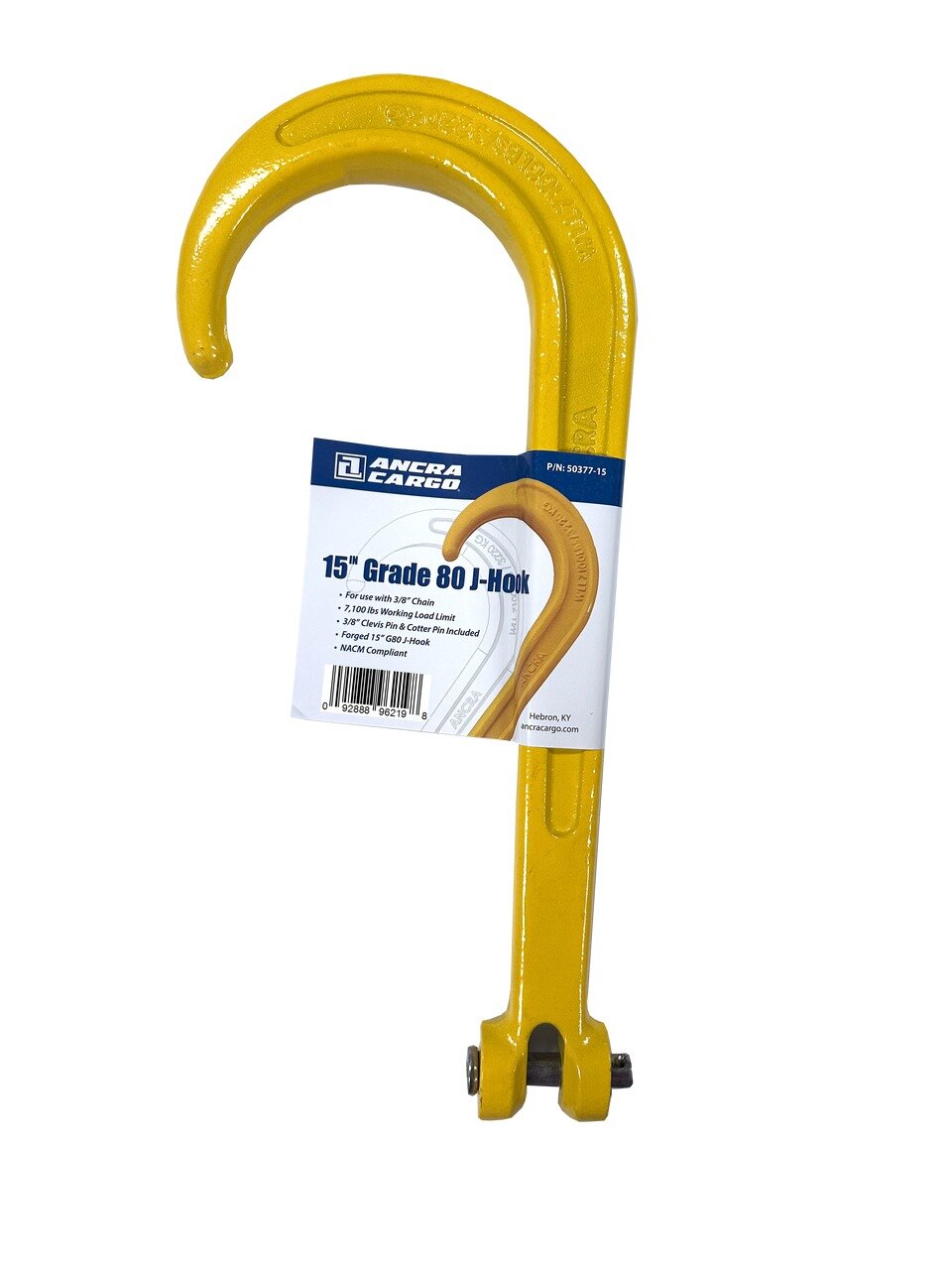 HOOK, 15" J-HOOK W/ CLEVIS AND PIN, 3/8" G*) FORGED, 7,100 LBS WLL