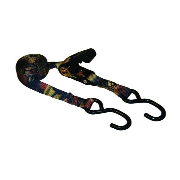 TIE-DOWN, RATCHET, 1" X 15' CAMO W/PADDED HANDLE & COATED S-HOOKS